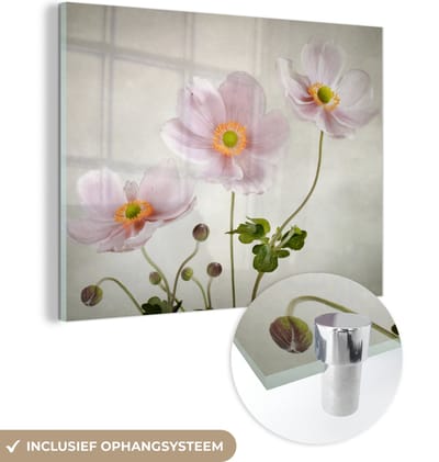 MuchoWow® Glasschilderij 160x120 cm - Schilderij acrylglas - Bloemen - Stilleven - Olieverf - Klaproos - Roze - Foto op glas - Muurdecoratie woonkamer - Wanddecoratie slaapkamer - Schilderijen