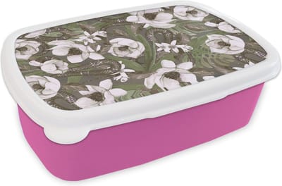 Broodtrommel Roze - Lunchbox - Brooddoos - Bloemen - Jungle - Vintage - Patroon - 18x12x6 cm - Kinderen - Meisje