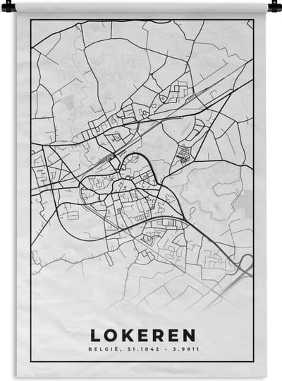 Wandkleed - Wanddoek - België – Lokeren – Stadskaart – Kaart – Zwart Wit – Plattegrond - 120x180 cm - Wandtapijt