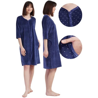 Robe de chambre en coton velours pour femme à fermeture éclair avec poches Vienetta M blue