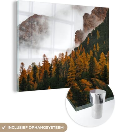 MuchoWow® Glasschilderij 40x30 cm - Schilderij acrylglas - Dennenboom - Herfst - Berg - landschap - Foto op glas - Schilderijen