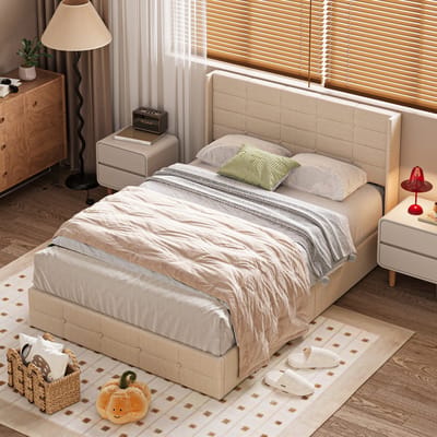 Xbro Gestoffeerd Bed 140 x 200 cm - Hydraulisch Bedframe met grote opbergruimte - Tweepersoonsbed met Hoofdbord en Lattenbodem - Bedframe geschikt voor tieners en volwassenen - Beige