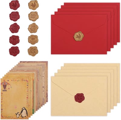 44-delige set met papier en enveloppen, 10 enveloppen, 24 vintage papieren en 10 zegelstickers voor liefdevolle brieven, verjaardagen, kerst en bruiloften
