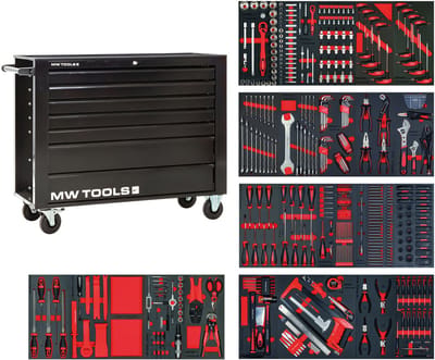 Gevulde brede, zwarte gereedschapswagen XL 514-delig MW Tools MWE512G3B