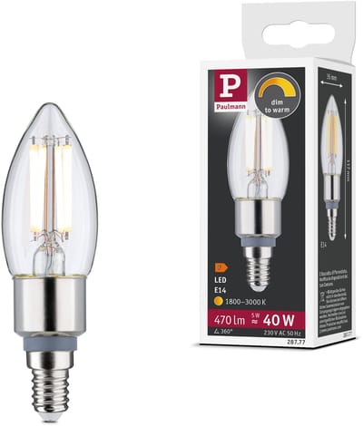 Filament 230 V LED kaars E14 470lm 5W Dim to warm dimbaar Helder