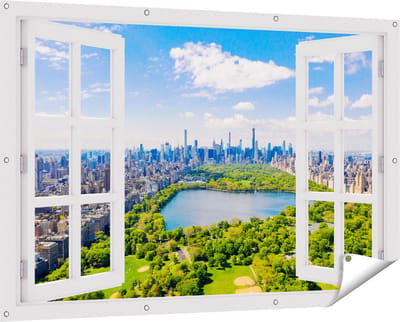 Gards Tuinposter Doorkijk Central Park in New York met Wolkenkrabbers - 150x100 cm - Tuindoek - Tuindecoratie - Wanddecoratie buiten - Tuinschilderij