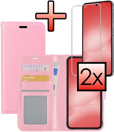 Hoesje - Met 2x Screenprotector - Geschikt voor Samsung Galaxy A56 - Luxe Pasjeshouder - Bookcase Portemonee - Flip Case - Kunstleer Book Case - Flipcase Hoes - Book Cover - Walletcase - Portemonneehoes - Lichtroze