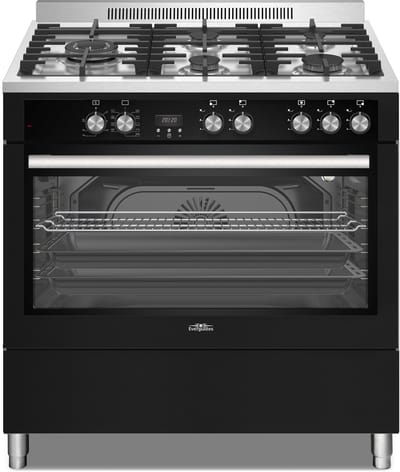 Everglades EVCK9050 Pro - Gasfornuis - Zwart Glas & RVS - 90 CM - 96 Liter - 10 Ovenstanden - Digitale Timer - Turbo Hete Lucht - Gietijzeren Pannendragers - Wok Brander Links - 5 Jaar Garantie