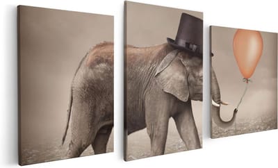 Artaza Canvas Schilderij Drieluik Olifant Met Een Oranje Ballon - Hoedje - 120x60 - Foto Op Canvas - Canvas Print