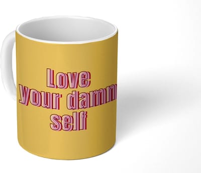 Mok - Koffiemok - Love yourself - Roze - Geel - Mokken - 350 ML - Beker - Koffiemokken - Theemok