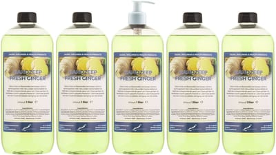 Handzeep Fresh Ginger 1 liter - set van 5 stuks - met gratis pomp - Voordeelverpakking