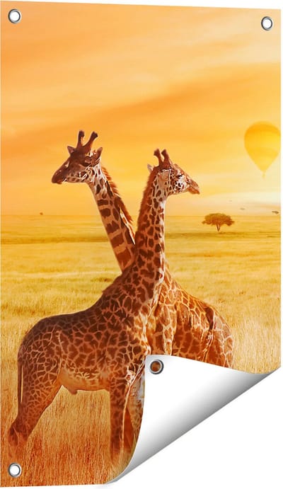 Gards Tuinposter Twee Giraffen met Twee Oranje Luchtballonnen - 40x60 cm - Tuindoek - Tuindecoratie - Wanddecoratie buiten - Tuinschilderij