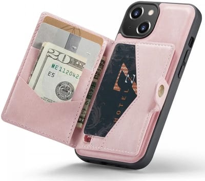 CaseMe JH-01 Hoesje Geschikt voor Apple iPhone 15 | Back Cover met Magnetische Kaarthouder | Beschermhoes Pasjeshouder Achterkant | 4 Pasjes en Briefgeld | Roze
