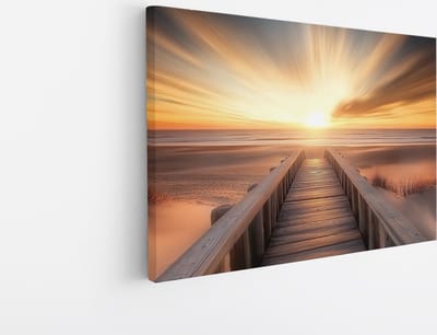 Saammp Canvas Schilderij - Natuur - Brug naar het strand met zonsondergang- landschap - 45x30 - Foto op canvas - Wanddecoratie - Muurdecoratie Woonkamer - Slaapkamer decoratie - Canvas Print