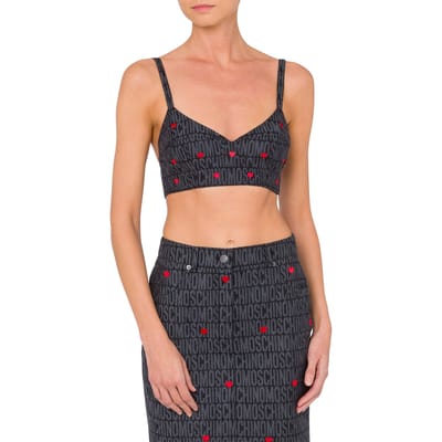 Moschino Denim Crop Top With Allover Logo Hearts Black Size: 40 | Bras Outlet | Dames | Zwart