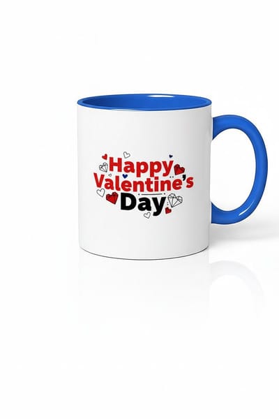 Valentijnsdag Mok - Happy Valentine's Day Koffiemok met Hartjes & Blauwe Rand - Origineel Liefdes Cadeau voor Hem of Haar