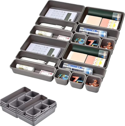 Opbergsysteem voor schuifladen keuken, lade-organizer, 16 stuks lade-opbergsysteem met 3 maten opbergdoos, opbergdoos voor keuken, thuis, kantoor en thuis (grijs)