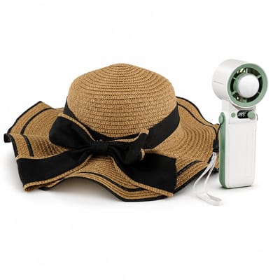 VHV - Zonnehoed en Ventilator Set - dames bruine strandhoed met brede rand en strik - Aparte handventilator - Voor strand, reizen, bureau