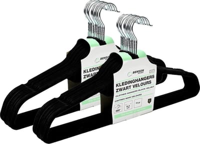 Benson Kledinghangers set - 20x stuks - zwart velours - kunststof - 44.5 cm - kledingkast hangers/kleerhangers