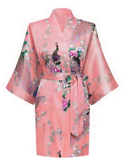 KIMU® Kimono Zalm Roze Kort - Maat XL-XXL - Yukata Satijn Boven de Knie - Korte Lichtroze Ochtendjas Japanse Kamerjas Sexy Satijnen Badjas Geisha Pauw Festival