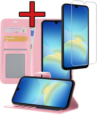 Hoesje - Met Screenprotector - Geschikt voor Samsung Galaxy A26 - Luxe Pasjeshouder - Flipcase - Bookcase Portemonee - Flip Case - Kunstleer Book Case - Book Cover - Walletcase - Portemonneehoes - Telefoonhoes - Lichtroze