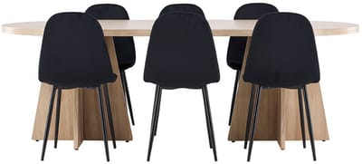 Bootcut eethoek tafel 115x230cm en 6 velours stoelen naturel.