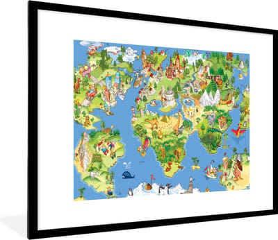 Poster in fotolijst kind - Kinderkamer decoratie - Wereldkaart - Kinderen - Natuur - Dieren - Blauw - Groen - Decoratie voor kinderkamers - 80x60 cm - Poster kinderkamer