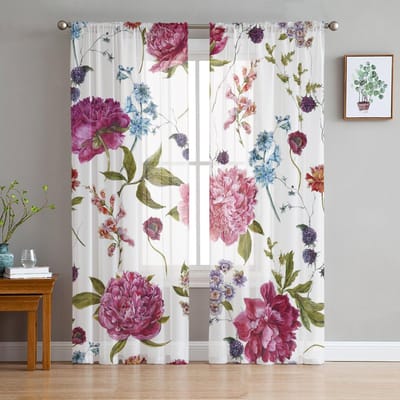 Rideaux en Tulle Aquarelle Fleur Rose Rose pour Décoration Salon Chambre Mousseline Voile Transparent Rideau de Fenêtre de Cuisine 1 PCS W100XH250cm&Grommet Top white