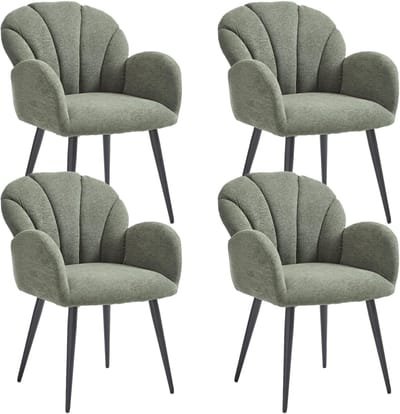 Eetkamerstoelen set van 4 – Novihome CloudShell™ Luxe Chenille Stoelen met Armleuningen – Comfortabele Gestoffeerde Stoelen – Metalen Frame – Modern Design – Groen