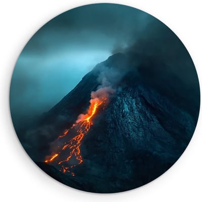 Saammp Muurcirkel Hout - Stromende lava vanuit een vulkaan - Natuur - Landschap - Ø 90 - Wandcirkel - Wanddecoratie Cirkel - Muurdecoratie Woonkamer - Slaapkamer decoratie - Rond Schilderij