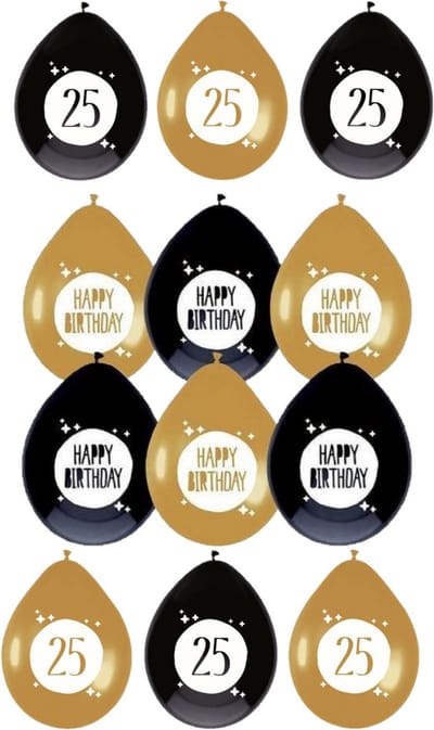 Haza - Feestartikelen verjaardag 25 jaar 24x mix ballonnen zwart/goud