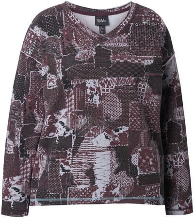 Ulla Popken - Dames - Sweatshirt patchprint V-hals lange mouwen - Pruim - Maat 42+
