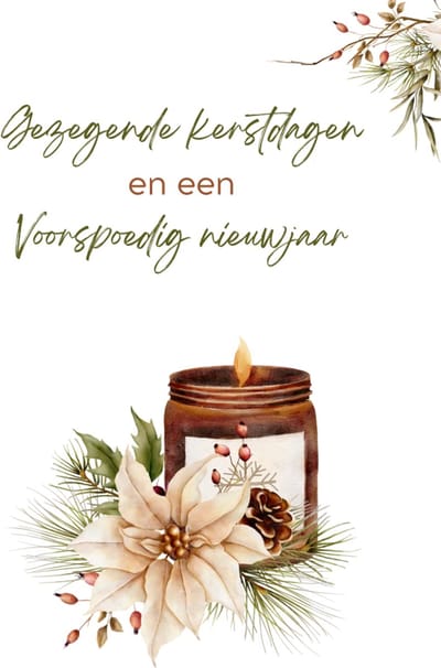 Kerstkaart – Gezegende kerstdagen en een voorspoedig nieuwjaar – Enkele wenskaart met aquarel kaars en bloemen – Origineel ontwerp – Stevig 400 grams papier – Inclusief kraft envelop – FSC