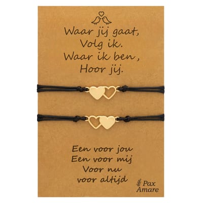 Vriendschapsarmbandjes voor 2 "Waar jij gaat, volg ik" - Hartjes - BFF Armbandjes met Persoonlijk Cadeau Kaartje - Goudkleurig - Elastisch Verstelbaar - Pax Amare
