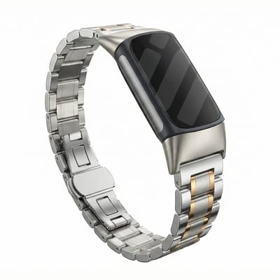 Stalen Smartwatch bandje - Geschikt voor Fitbit Charge 5 / Fitbit Charge 6 metalen schakel band - zilver/rosé goud - Strap-it Horlogeband / Polsband / Armband
