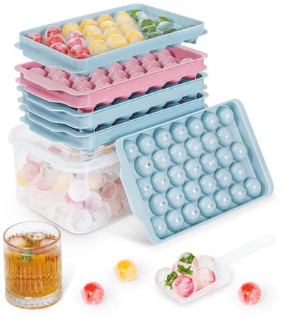 3-Pack-Ijsblokjesvorm met Deksel – 99 Perfect Ronde Ijsblokjes – Groot – Blauw/Roze – BPA vrij – Stapelbaar – Zonder Morsen - Ijsblokjesvormen