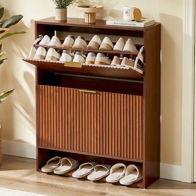 Clruro Schoenenkast 80x24 cm - Schoenenkast met Geribbelde Fronten en Kantelbeveiliging - Hout - Walnootkleur