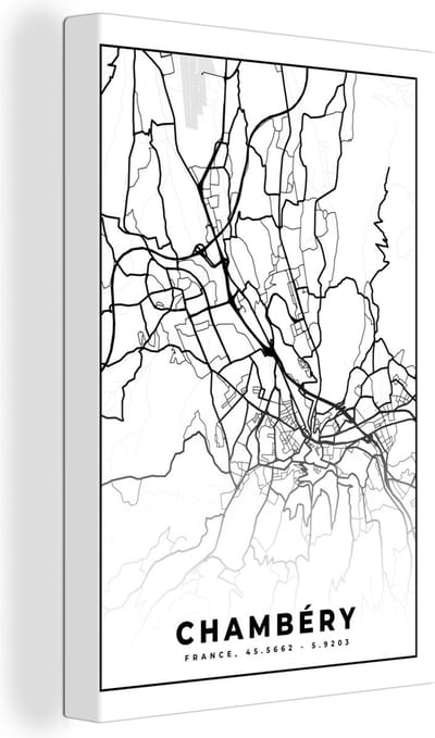 Canvas Schilderij Kaart - Stadskaart - Frankrijk - Chambéry - Plattegrond - Zwart wit - 20x30 cm - Wanddecoratie