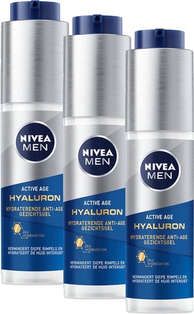 NIVEA MEN Hydraterende Anti-Age Gezichtsgel - Normale en rijpe huid - Anti-Aging Creme Gezicht - Gezichtscreme Met hyaluronzuur - 3x50 ml -Voordeelverpakking
