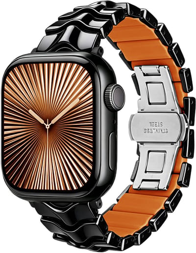 Stravo Metalen Horlogebandje met 3D Schakelontwerp – Siliconen Binnenzijde & Vlindersluiting – Geschikt voor Apple Watch 42mm (Series 11/10), 41mm (Series 9/8/7), 40mm (Series 6/5/4, SE 3/2/1), 38mm (Series 3/2/1) – Zwart / Oranje