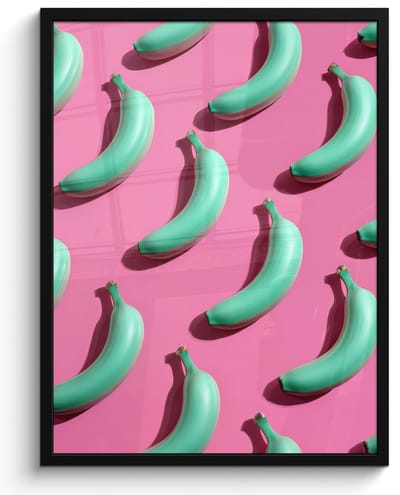 Poster in lijst - Fotolijst 60x80 cm - Posters - Bananen - Patroon - Blauw - Roze - Posterlijst zwart - Decoratie - Wanddecoratie woonkamer - Muurdecoratie slaapkamer