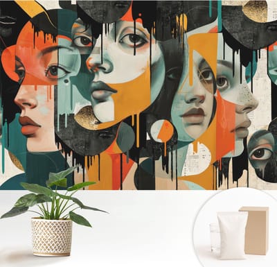 Wallfluent Behang - Kleurrijke gezichten Muurbehang - 152x104 cm - Zwart Behang - Voor natuurliefhebbers en liefhebbers van lentelandschappen - Behang Voor de slaapkamer, woonkamer en hal - Wandbekleding Deel