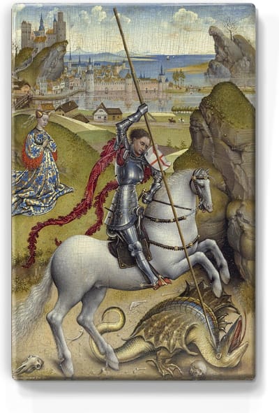 Sint Joris en de draak - Rogier van der Weyden - 19,5 x 30 cm - Niet van echt te onderscheiden schilderijtje op hout - Mooier dan een print op canvas - Laqueprint.