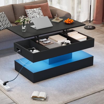 Wishdor Salontafel 100x50x42 cm van spaanplaat, verstelbaar blad met LED en verborgen opbergruimte, zwart