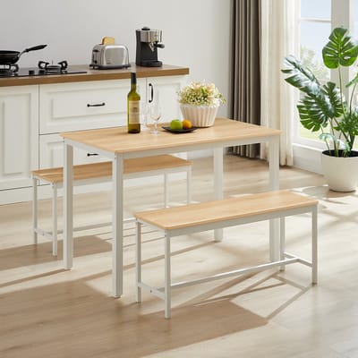 MODENUIT Eettafelset - Met 2 Banken Voor 4 Personen - Ruimtebesparend Voor Keuken Of Woonkamer - Hout Wit - 110x60 cm