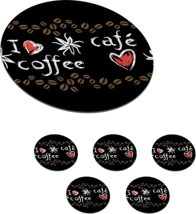 Onderzetters voor glazen - Rond - Koffie - Patronen - Love - 10x10 cm - Glasonderzetters - 6 stuks