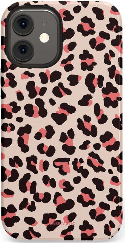 Casetastic hoesje geschikt voor Apple iPhone 12 Mini - Dubbellaagse bescherming - Tropische Panter - Fashion Case - Zand Zwart Koraal