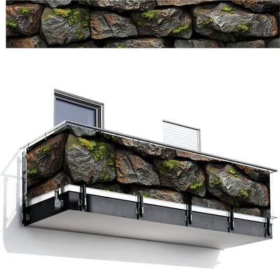 Balkonscherm 500x85 cm - Balkonposter Stenen - Mos - Grijs - Groen - Balkon scherm decoratie - Balkonschermen - Balkondoek zonnescherm