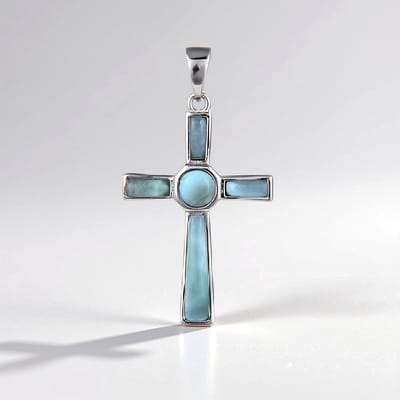 Cavill - Zilveren Hanger - 925 Sterling Zilver Gerhodineerd - 2,2 ct Larimar - Elegant Kruis Design - Blauwe Cabochon