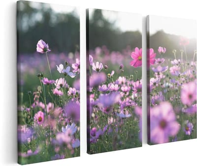 Artaza Canvas Schilderij Drieluik Bloemenveld Met Paarse Kosmos  - 120x80 - Foto Op Canvas - Canvas Print